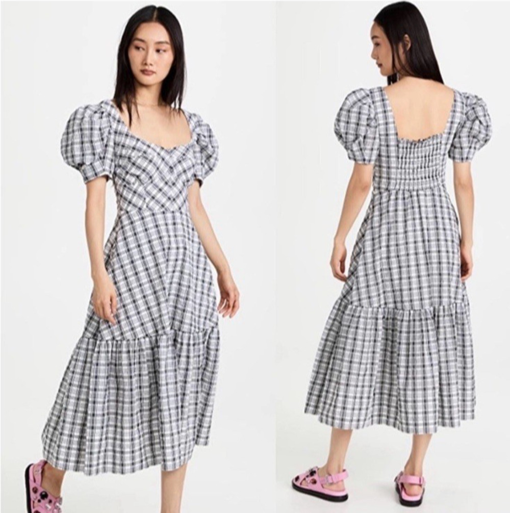 TANYA TAYLOR $545 Danielle Puff Sleeve Tiered Midi Dress Black White Plaid Sz 20